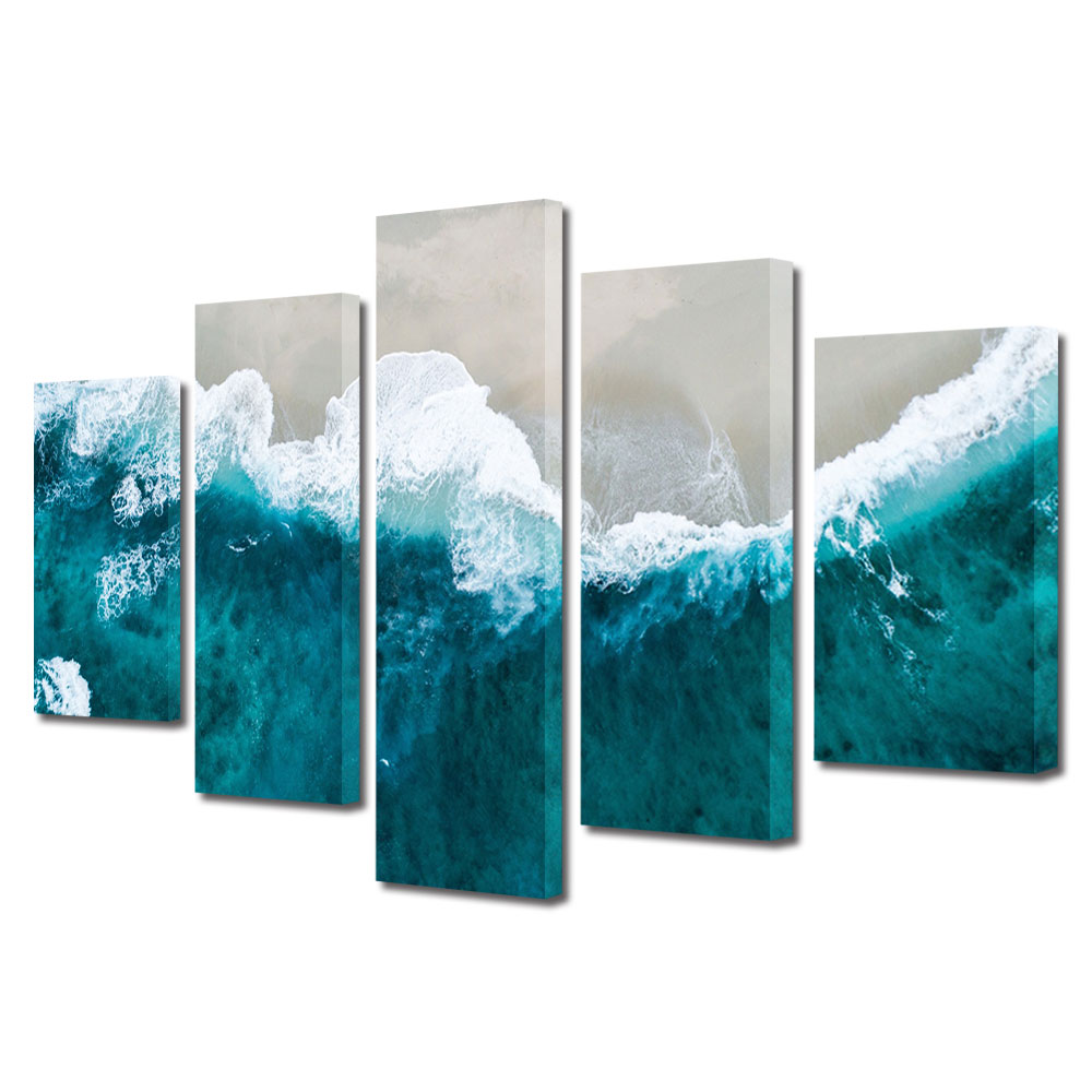 Set Tablouri Multicanvas, ArtDeco, Valuri agitate, Panza pe cadru de lemn, Decoratiuni Moderne pentru Casa, 5 piese, 70 x 125 cm