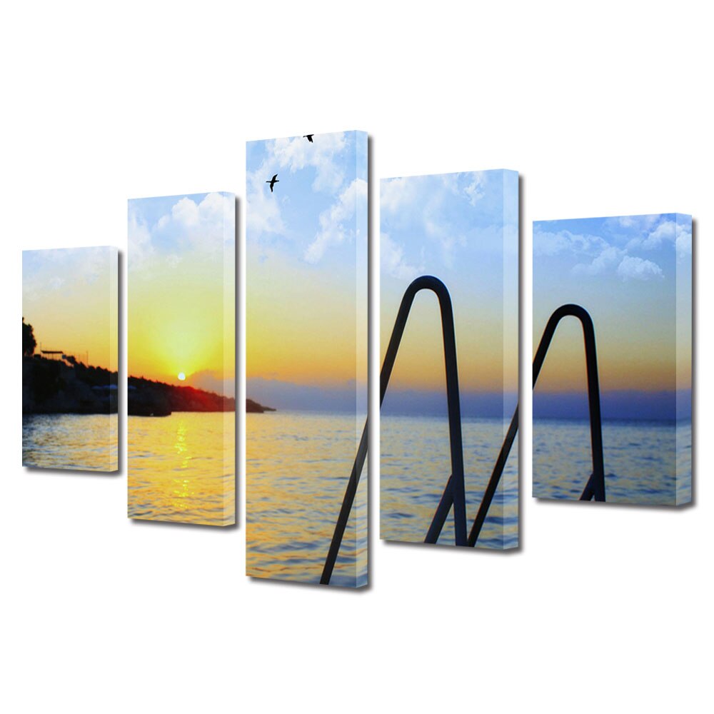 Set Tablouri Multicanvas, ArtDeco, Soare rasarind reflectat in apa marii, Panza pe cadru de lemn, Decoratiuni Moderne pentru Casa, 5 piese, 110 x 200 cm