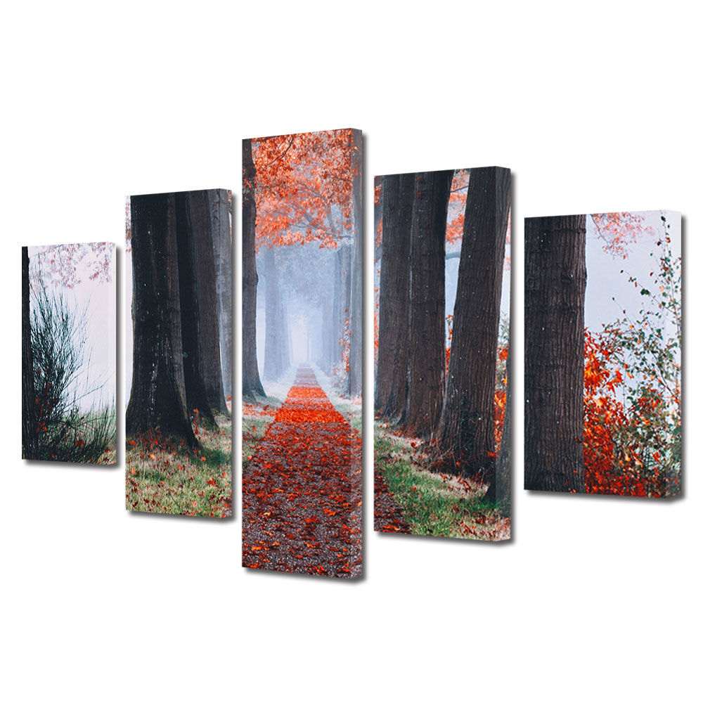 Set Tablouri Multicanvas, ArtDeco, Drum presarat cu frunze rosii, Panza pe cadru de lemn, Decoratiuni Moderne pentru Casa, 5 piese, 100 x 175 cm