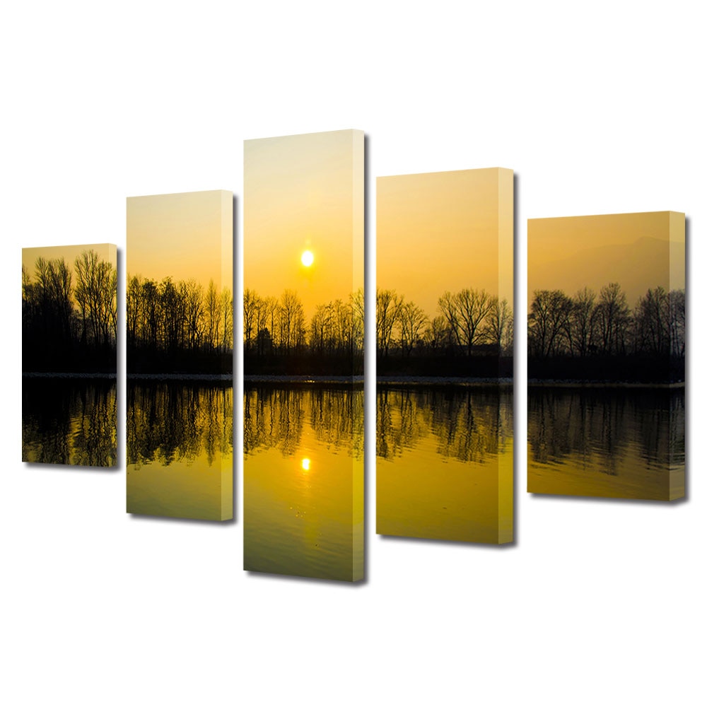 Set Tablouri Multicanvas, ArtDeco, Siluete de copaci oglindite, Panza pe cadru de lemn, Decoratiuni Moderne pentru Casa, 5 piese, 60 x 100 cm