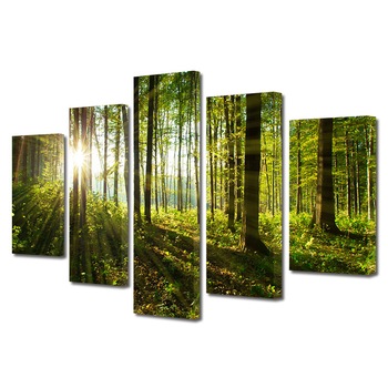 Set Tablouri Multicanvas, ArtDeco, Raze de soare printre copaci, Panza pe cadru de lemn, Decoratiuni Moderne pentru Casa, 5 piese, 120 x 225 cm Set Tablouri Multicanvas, ArtDeco, Raze de soare printre copaci, Panza pe cadru de lemn, Decoratiuni Moderne pentru Casa, 5 piese, 120 x 225 cm