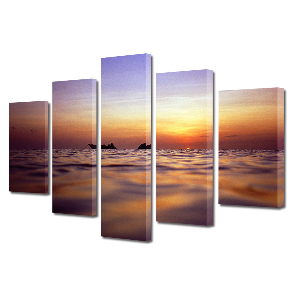 Set Tablouri Multicanvas, ArtDeco, Cu barca la apus, Panza pe cadru de lemn, Decoratiuni Moderne pentru Casa, 5 piese, 70 x 125 cm