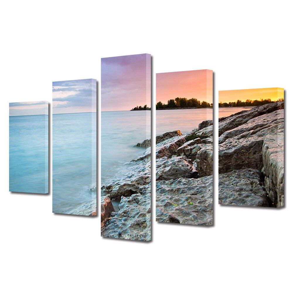 Set Tablouri Multicanvas, ArtDeco, Priveliste de poveste la mare, Panza pe cadru de lemn, Decoratiuni Moderne pentru Casa, 5 piese, 110 x 200 cm