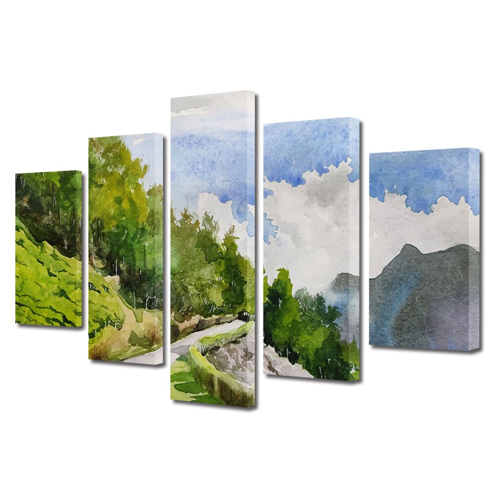 Set Tablouri Multicanvas, ArtDeco, Drum catre munte, Panza pe cadru de lemn, Decoratiuni Moderne pentru Casa, 5 piese, 80 x 150 cm