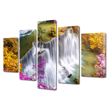 Set Tablouri Multicanvas, ArtDeco, Cascada si copaci in culori de poveste, Panza pe cadru de lemn, Decoratiuni Moderne pentru Casa, 5 piese, 120 x 225 cm Set Tablouri Multicanvas, ArtDeco, Cascada si copaci in culori de poveste, Panza pe cadru de lemn, Decoratiuni Moderne pentru Casa, 5 piese, 120 x 225 cm