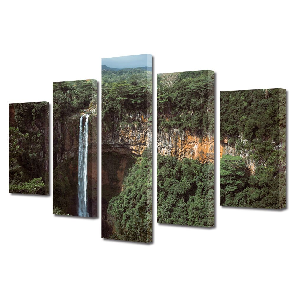 Set Tablouri Multicanvas, ArtDeco, Cascada inalta, Panza pe cadru de lemn, Decoratiuni Moderne pentru Casa, 5 piese, 70 x 125 cm