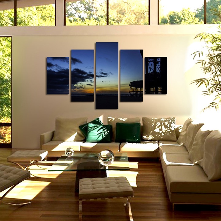 Set Tablouri Multicanvas, ArtDeco, Cer luminos in zare, Panza pe cadru de lemn, Decoratiuni Moderne pentru Casa, 5 piese, 60 x 100 cm