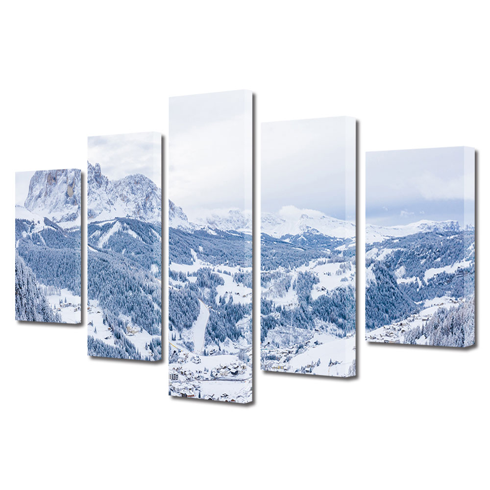 Set Tablouri Multicanvas, ArtDeco, Iarna peste munti, Panza pe cadru de lemn, Decoratiuni Moderne pentru Casa, 5 piese, 80 x 150 cm