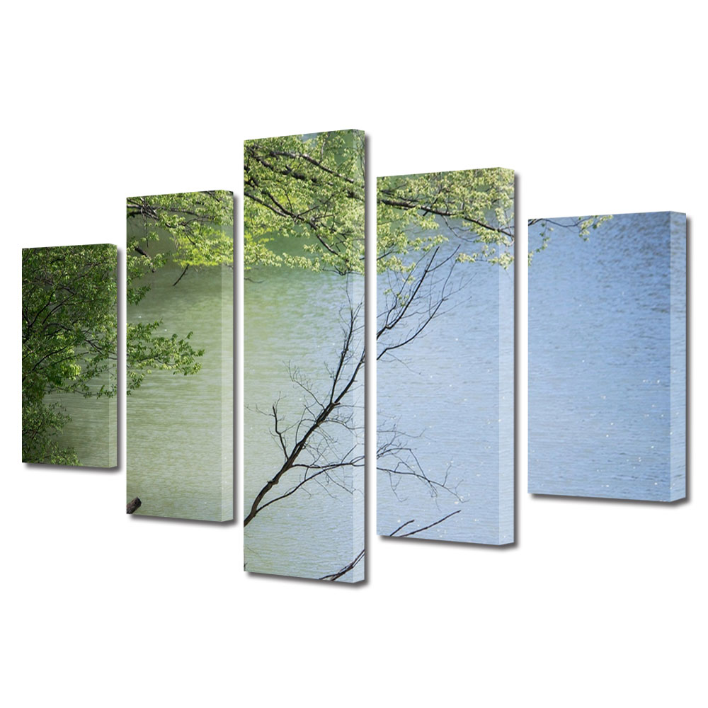 Set Tablouri Multicanvas, ArtDeco, Arbust pe apa, Panza pe cadru de lemn, Decoratiuni Moderne pentru Casa, 5 piese, 70 x 125 cm