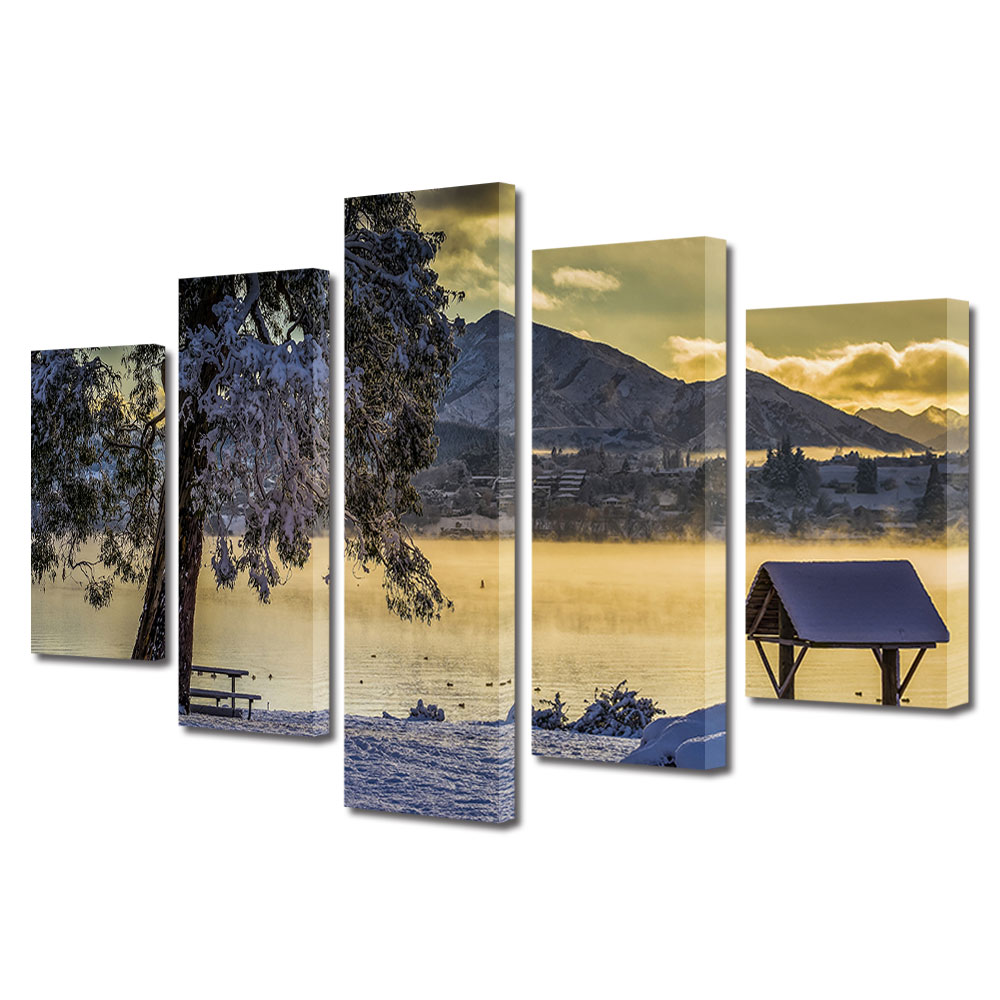 Set Tablouri Multicanvas, ArtDeco, Iarna pe lac, Panza pe cadru de lemn, Decoratiuni Moderne pentru Casa, 5 piese, 120 x 225 cm