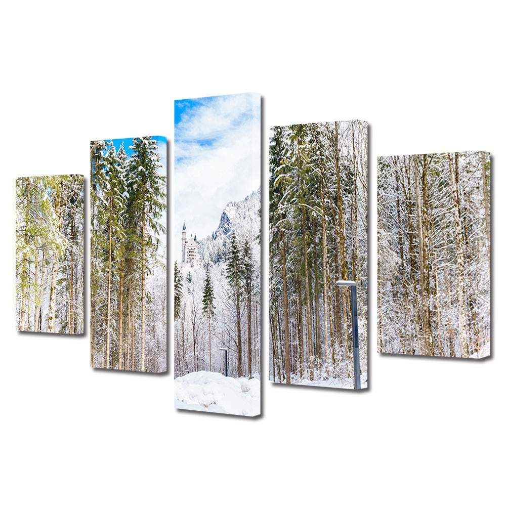 Set Tablouri Multicanvas, ArtDeco, Castelul din inima padurii inghetate, Panza pe cadru de lemn, Decoratiuni Moderne pentru Casa, 5 piese, 100 x 175 cm
