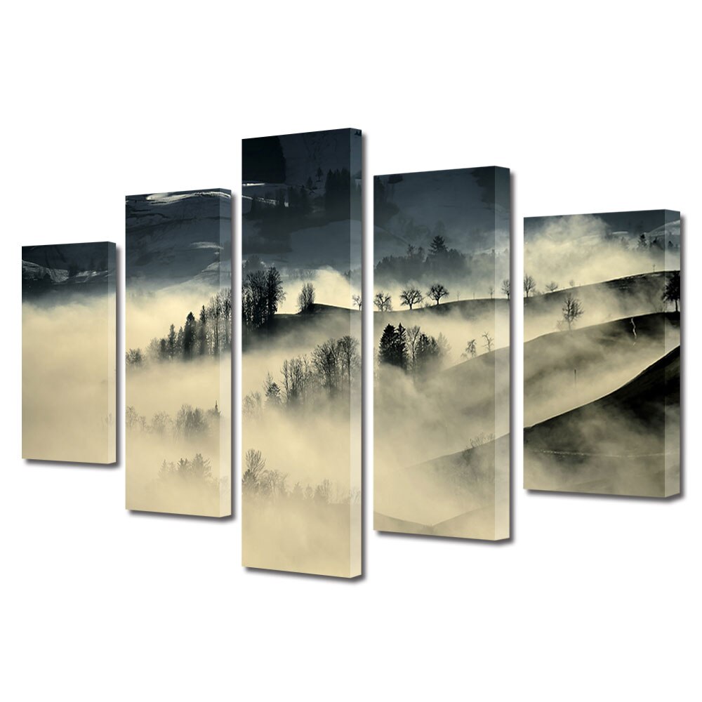 Set Tablouri Multicanvas, ArtDeco, Se lasa ceata, Panza pe cadru de lemn, Decoratiuni Moderne pentru Casa, 5 piese, 70 x 125 cm