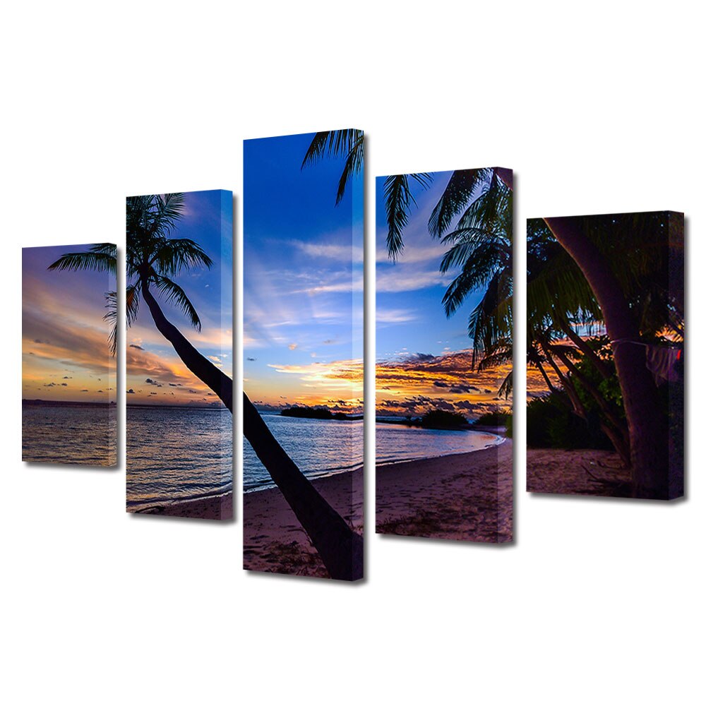 Set Tablouri Multicanvas, ArtDeco, Cer multicolor si siluete de palmieri, Panza pe cadru de lemn, Decoratiuni Moderne pentru Casa, 5 piese, 60 x 100 cm