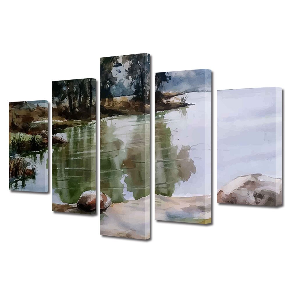 Set Tablouri Multicanvas, ArtDeco, Copaci oglinditi, Panza pe cadru de lemn, Decoratiuni Moderne pentru Casa, 5 piese, 80 x 150 cm