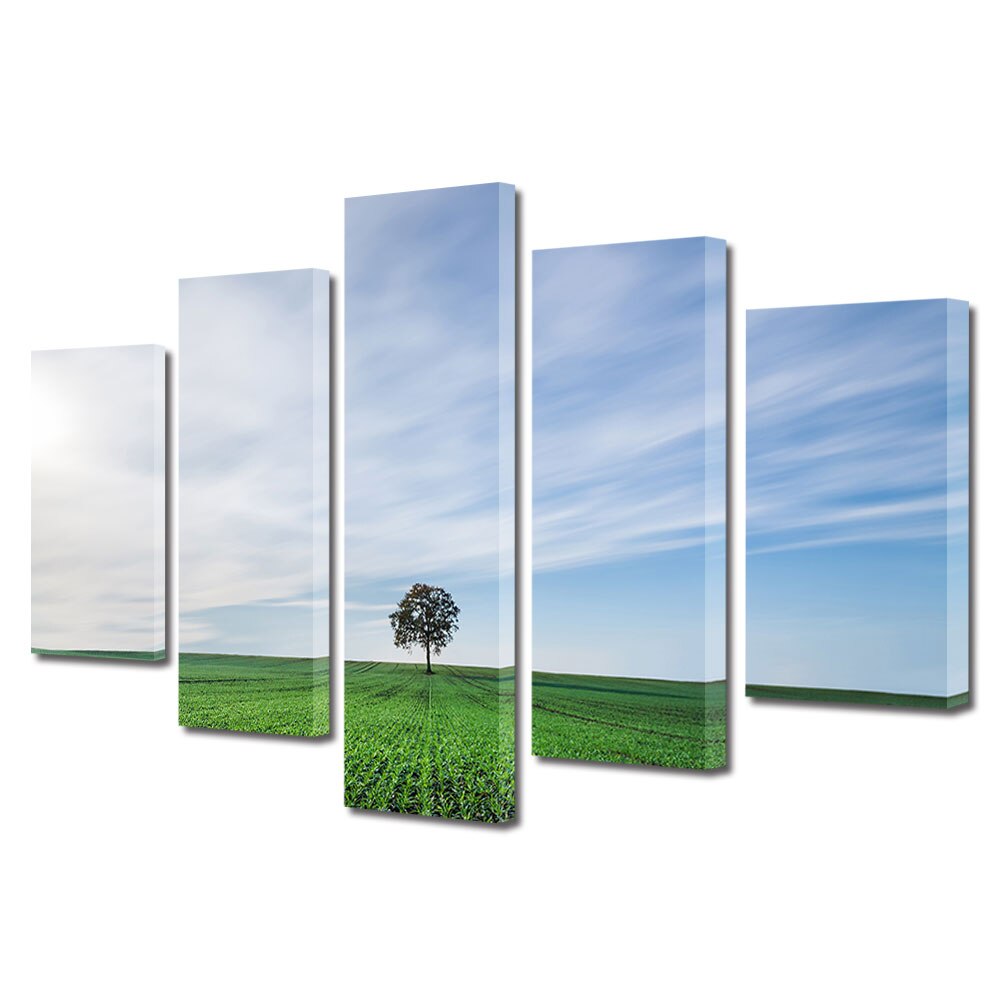 Set Tablouri Multicanvas, ArtDeco, Copac singuratic, Panza pe cadru de lemn, Decoratiuni Moderne pentru Casa, 5 piese, 60 x 100 cm