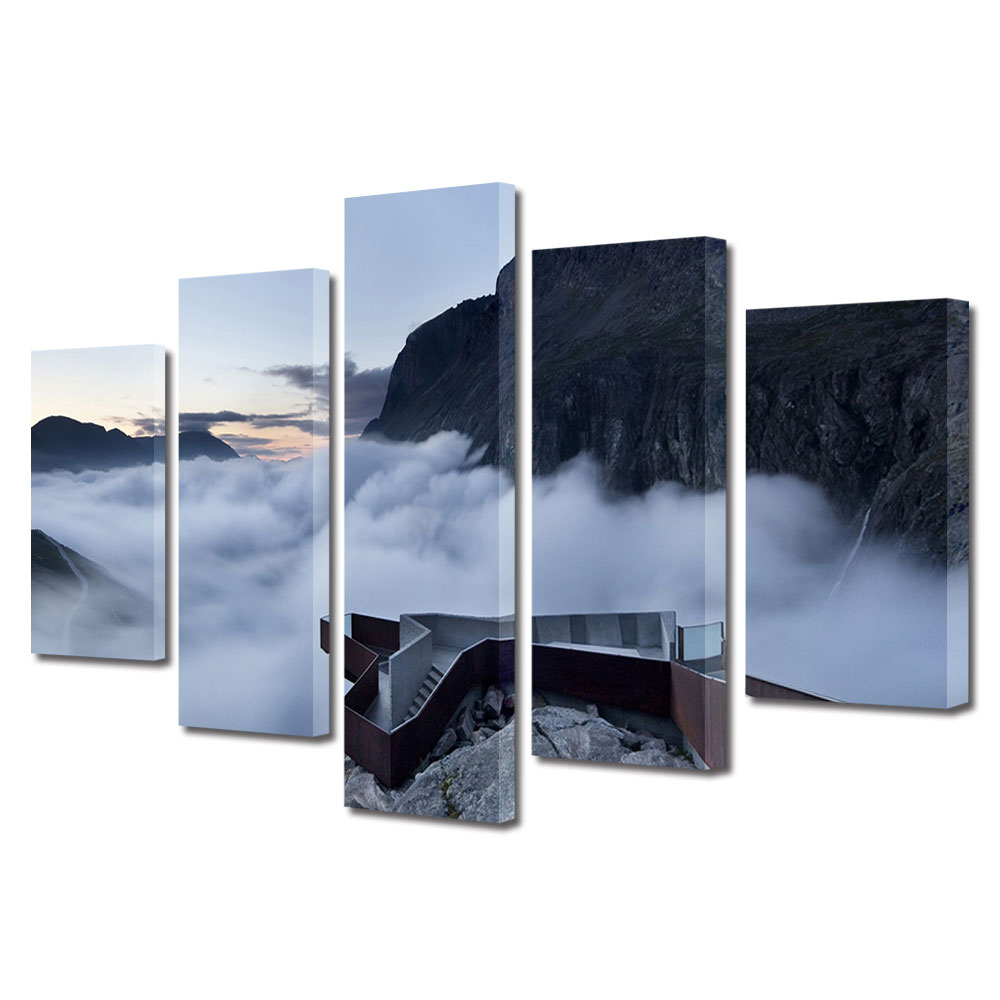 Set Tablouri Multicanvas, ArtDeco, Munte deasupra norilor, Panza pe cadru de lemn, Decoratiuni Moderne pentru Casa, 5 piese, 60 x 100 cm