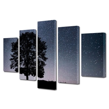 Set Tablouri Multicanvas, ArtDeco, Silueta de copac sub cerul instelat, Panza pe cadru de lemn, Decoratiuni Moderne pentru Casa, 5 piese, 100 x 175 cm Set Tablouri Multicanvas, ArtDeco, Silueta de copac sub cerul instelat, Panza pe cadru de lemn, Decoratiuni Moderne pentru Casa, 5 piese, 100 x 175 cm