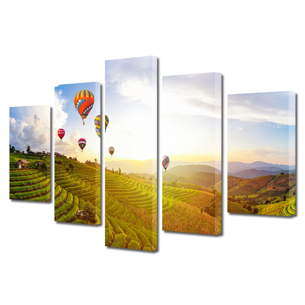 Set Tablouri Multicanvas, ArtDeco, Baloane cu aer cald, Panza pe cadru de lemn, Decoratiuni Moderne pentru Casa, 5 piese, 60 x 100 cm