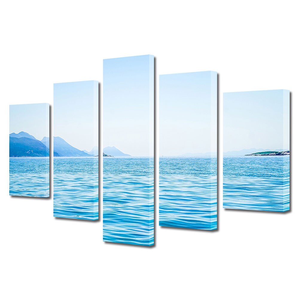 Set Tablouri Multicanvas, ArtDeco, Peisaj la mare in culori reci, Panza pe cadru de lemn, Decoratiuni Moderne pentru Casa, 5 piese, 110 x 200 cm