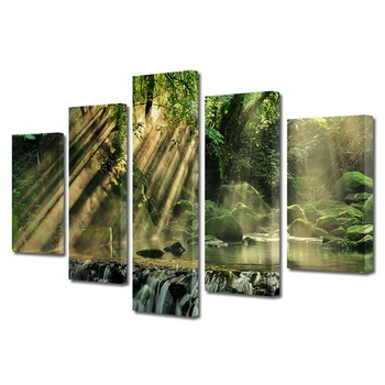 Set Tablouri Multicanvas, ArtDeco, Raze printre ramuri, Panza pe cadru de lemn, Decoratiuni Moderne pentru Casa, 5 piese, 60 x 100 cm Set Tablouri Multicanvas, ArtDeco, Raze printre ramuri, Panza pe cadru de lemn, Decoratiuni Moderne pentru Casa, 5 piese, 60 x 100 cm