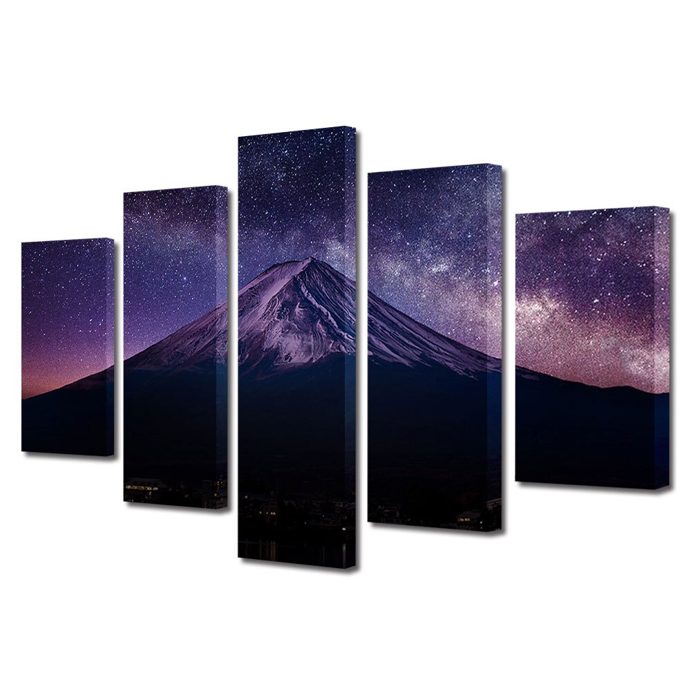 Set Tablouri Multicanvas, ArtDeco, Munte sub cerul plin de stele, Panza pe cadru de lemn, Decoratiuni Moderne pentru Casa, 5 piese, 110 x 200 cm
