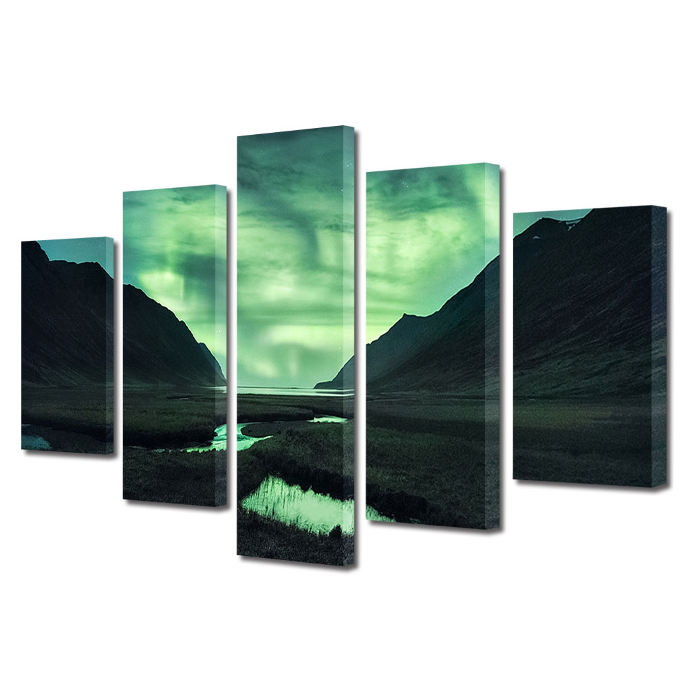 Set Tablouri Multicanvas, ArtDeco, Lumini nordice in Islanda, Panza pe cadru de lemn, Decoratiuni Moderne pentru Casa, 5 piese, 110 x 200 cm