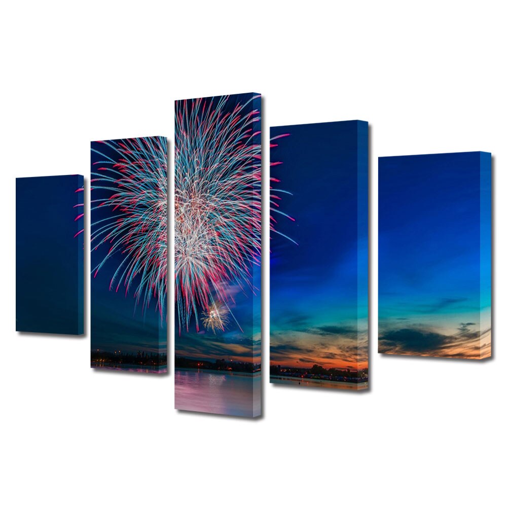 Set Tablouri Multicanvas, ArtDeco, Artificii la mare, Panza pe cadru de lemn, Decoratiuni Moderne pentru Casa, 5 piese, 60 x 100 cm