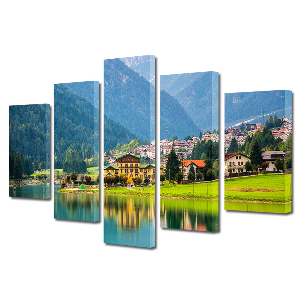 Set Tablouri Multicanvas, ArtDeco, Sat la munte in Italia, Panza pe cadru de lemn, Decoratiuni Moderne pentru Casa, 5 piese, 110 x 200 cm