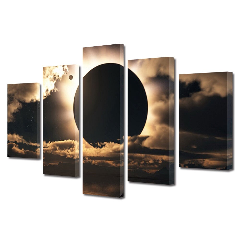Set Tablouri Multicanvas, ArtDeco, Eclipsa, Panza pe cadru de lemn, Decoratiuni Moderne pentru Casa, 5 piese, 110 x 200 cm
