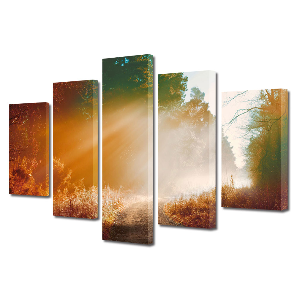 Set Tablouri Multicanvas, ArtDeco, Poteca de toamna in razele soarelui, Panza pe cadru de lemn, Decoratiuni Moderne pentru Casa, 5 piese, 110 x 200 cm