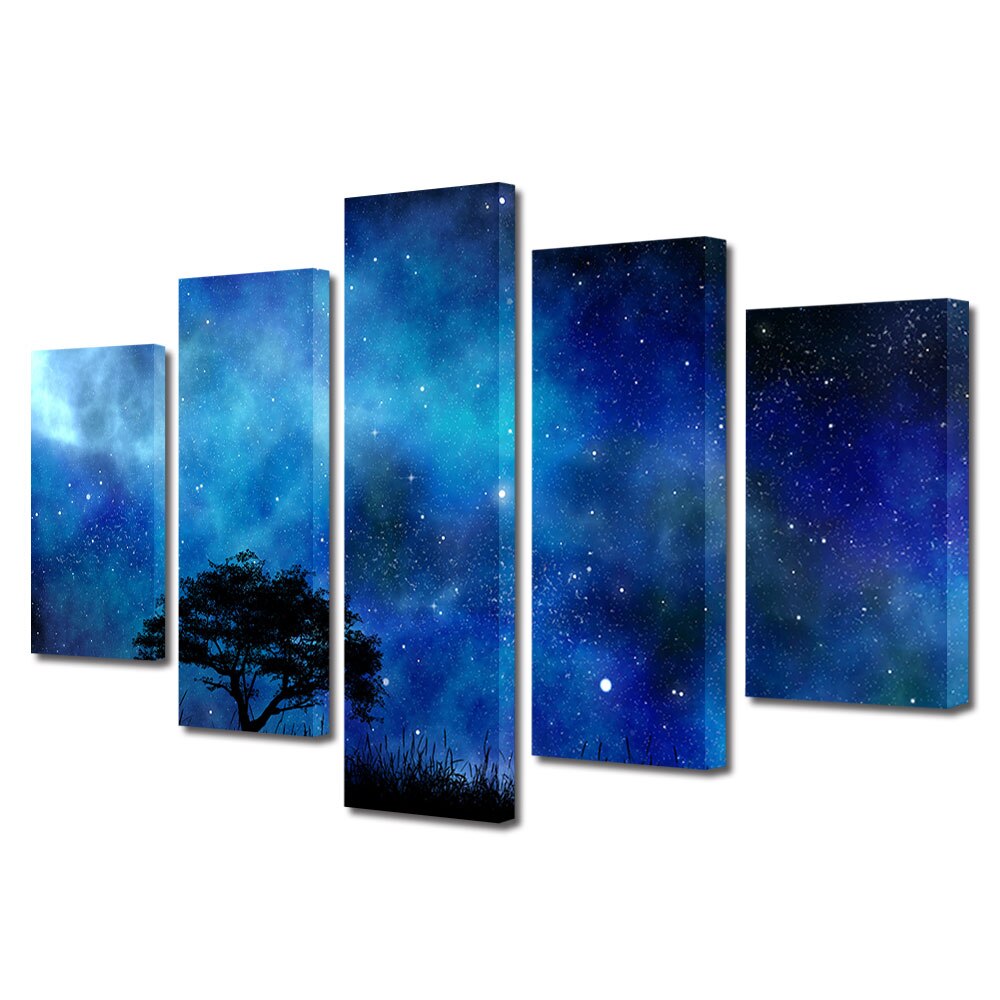 Set Tablouri Multicanvas, ArtDeco, Noapte albastra, Panza pe cadru de lemn, Decoratiuni Moderne pentru Casa, 5 piese, 100 x 175 cm