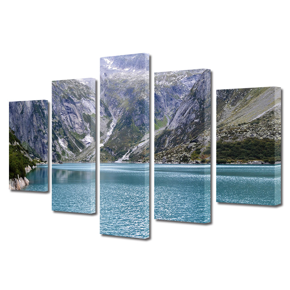 Set Tablouri Multicanvas, ArtDeco, Lac albastru ascuns printre munti, Panza pe cadru de lemn, Decoratiuni Moderne pentru Casa, 5 piese, 60 x 100 cm