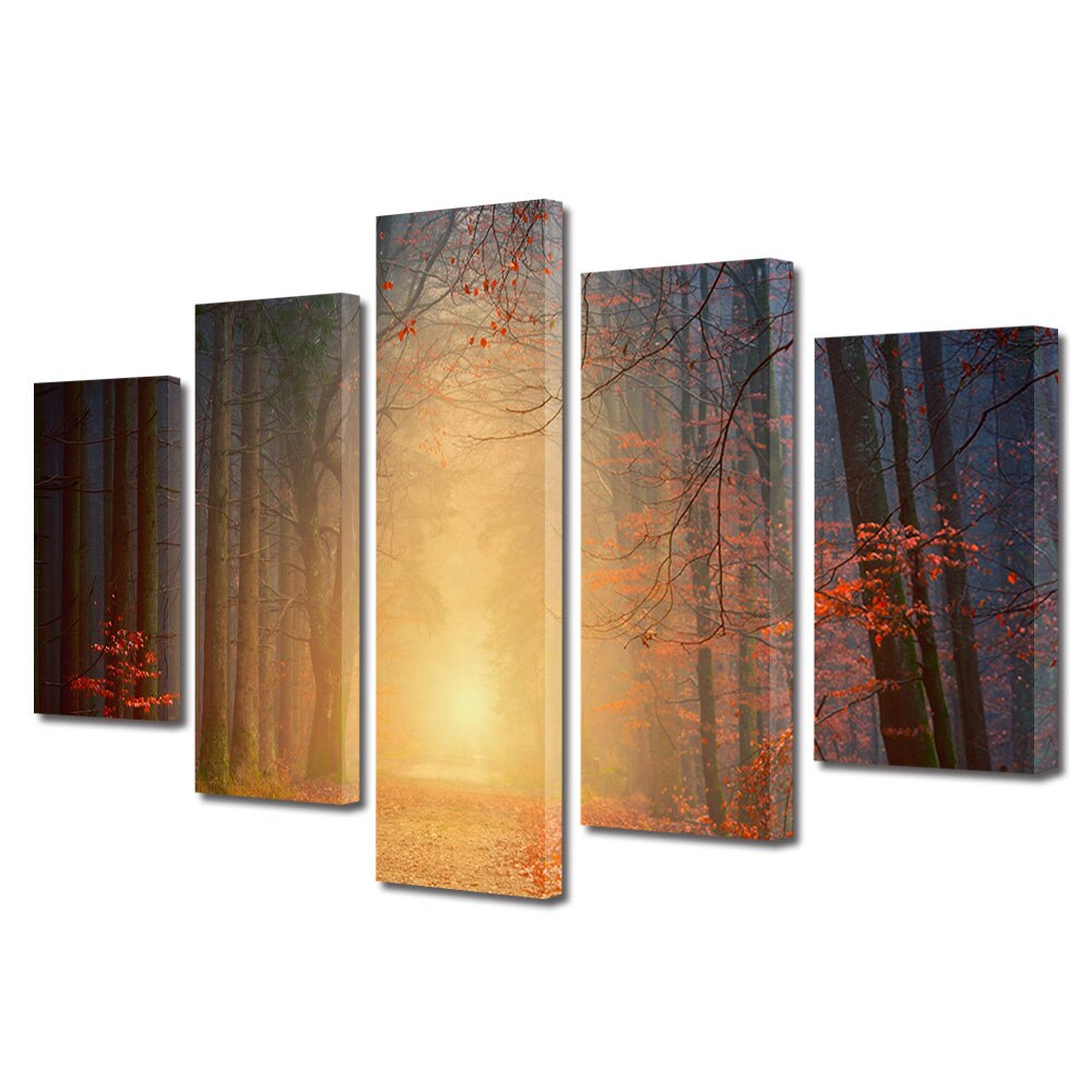 Set Tablouri Multicanvas, ArtDeco, Lumina de la capatul tunelului de copaci, Panza pe cadru de lemn, Decoratiuni Moderne pentru Casa, 5 piese, 70 x 125 cm