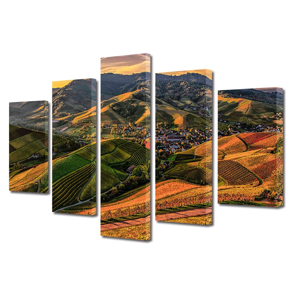 Set Tablouri Multicanvas, ArtDeco, Sat printre dealurile aramii, Panza pe cadru de lemn, Decoratiuni Moderne pentru Casa, 5 piese, 110 x 200 cm