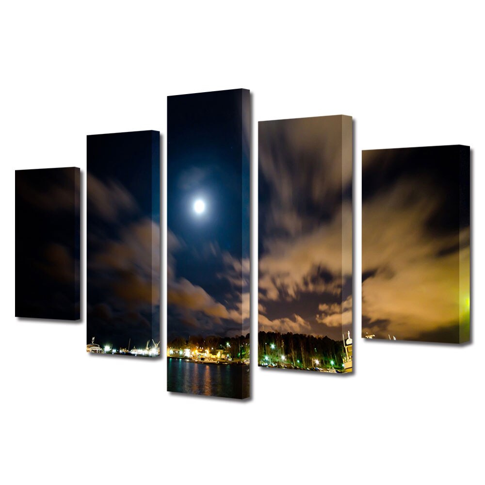 Set Tablouri Multicanvas, ArtDeco, Port in lumina lunii, Panza pe cadru de lemn, Decoratiuni Moderne pentru Casa, 5 piese, 120 x 225 cm