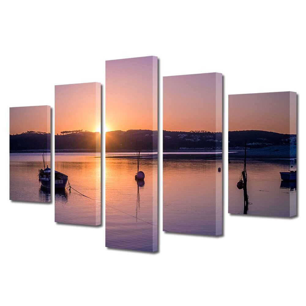 Set Tablouri Multicanvas, ArtDeco, Barca pentru pescuit la apus, Panza pe cadru de lemn, Decoratiuni Moderne pentru Casa, 5 piese, 60 x 100 cm
