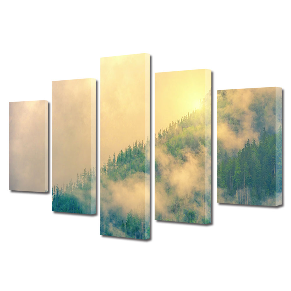 Set Tablouri Multicanvas, ArtDeco, Conifere in ceata, Panza pe cadru de lemn, Decoratiuni Moderne pentru Casa, 5 piese, 70 x 125 cm