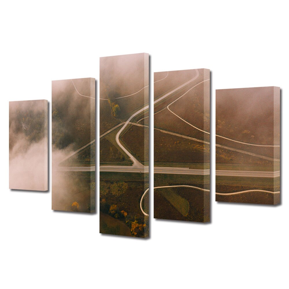 Set Tablouri Multicanvas, ArtDeco, Drumuri intersectate, Panza pe cadru de lemn, Decoratiuni Moderne pentru Casa, 5 piese, 70 x 125 cm