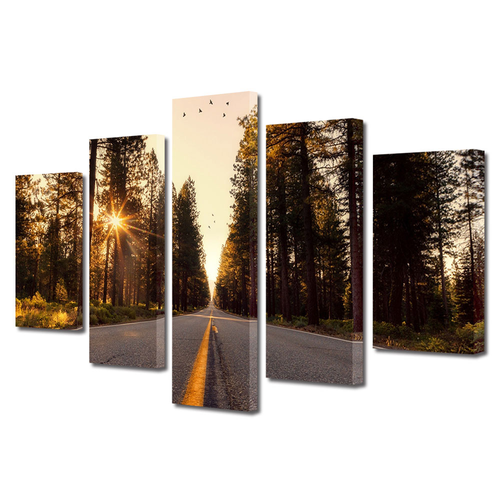 Set Tablouri Multicanvas, ArtDeco, Pe drum la apus, Panza pe cadru de lemn, Decoratiuni Moderne pentru Casa, 5 piese, 80 x 150 cm
