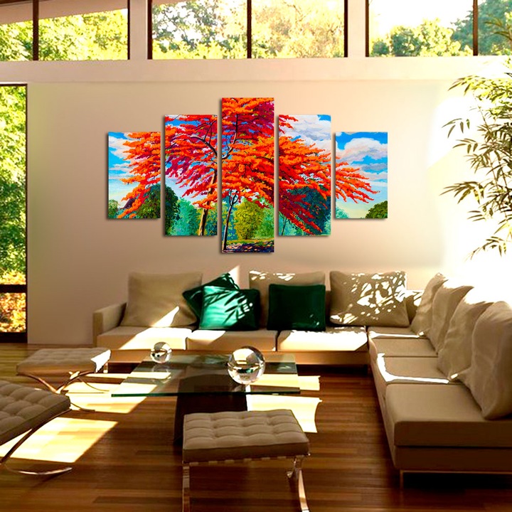 Set Tablouri Multicanvas, ArtDeco, Pata de culoare in natura pictata, Panza pe cadru de lemn, Decoratiuni Moderne pentru Casa, 5 piese, 60 x 100 cm