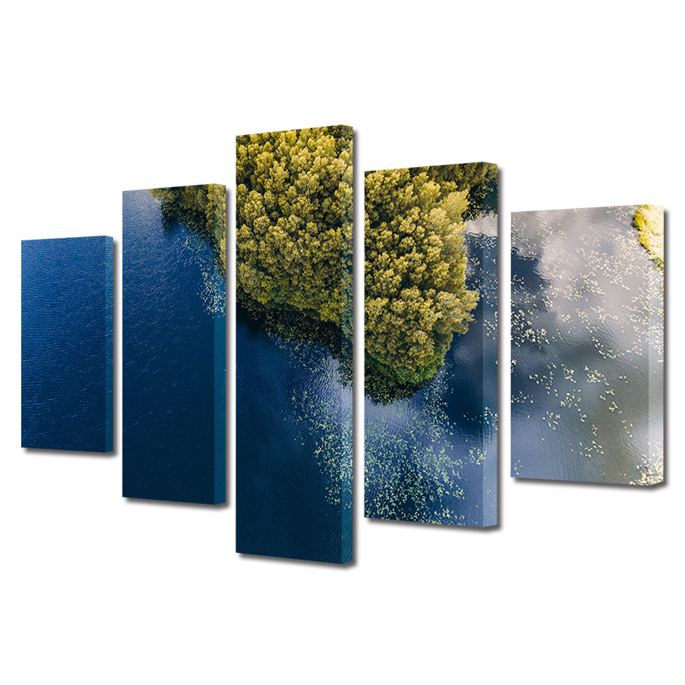 Set Tablouri Multicanvas, ArtDeco, Apa limpede si copaci, Panza pe cadru de lemn, Decoratiuni Moderne pentru Casa, 5 piese, 120 x 225 cm