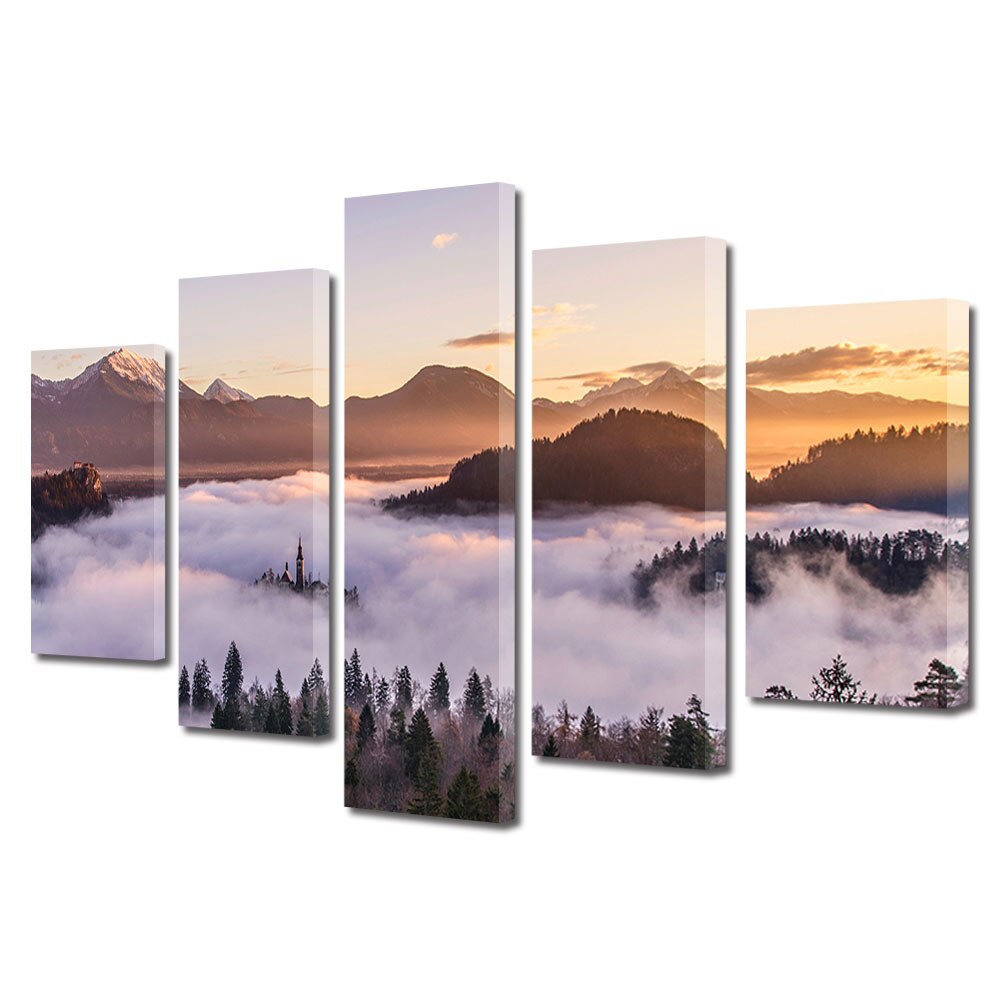 Set Tablouri Multicanvas, ArtDeco, Castel in ceata, Panza pe cadru de lemn, Decoratiuni Moderne pentru Casa, 5 piese, 110 x 200 cm