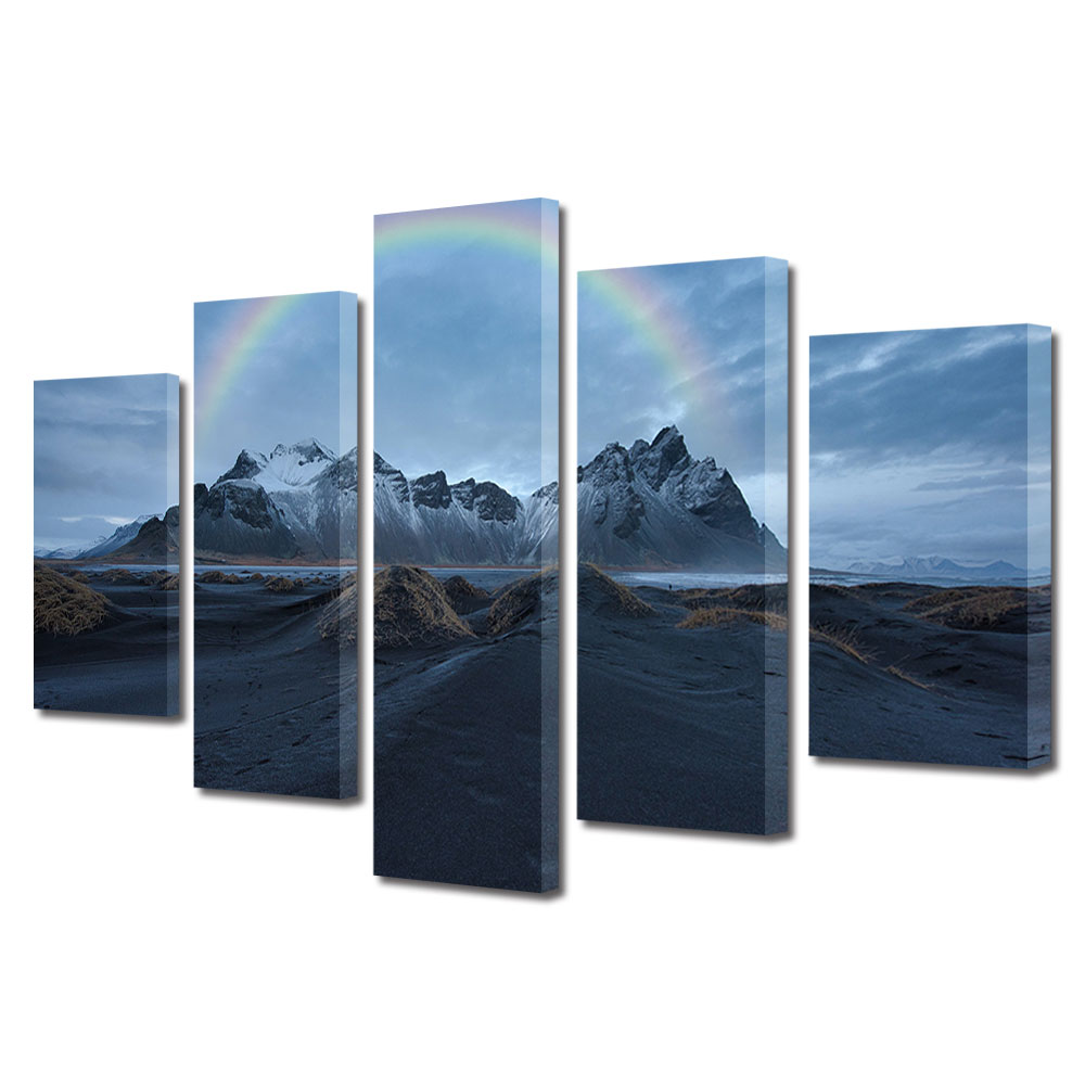 Set Tablouri Multicanvas, ArtDeco, Curcubeu la munte, Panza pe cadru de lemn, Decoratiuni Moderne pentru Casa, 5 piese, 100 x 175 cm