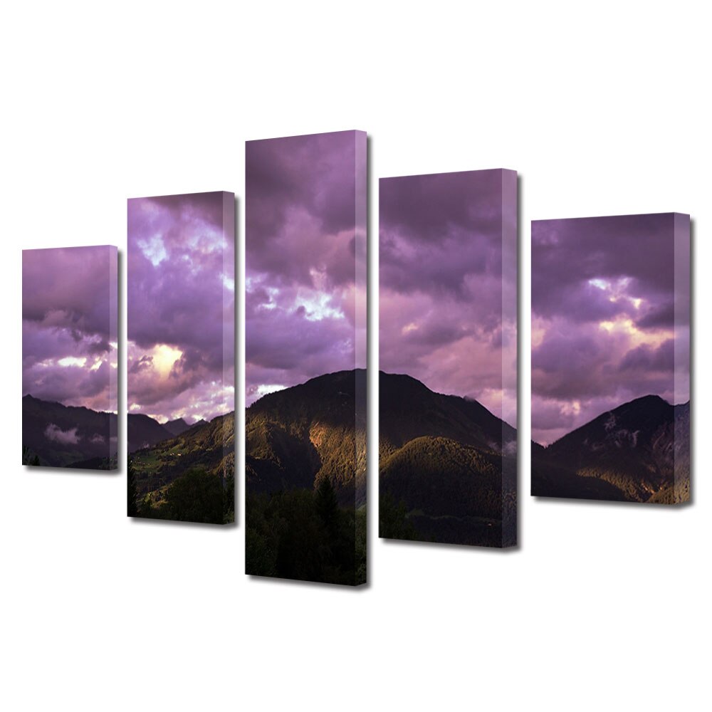 Set Tablouri Multicanvas, ArtDeco, Nori violet , Panza pe cadru de lemn, Decoratiuni Moderne pentru Casa, 5 piese, 60 x 100 cm