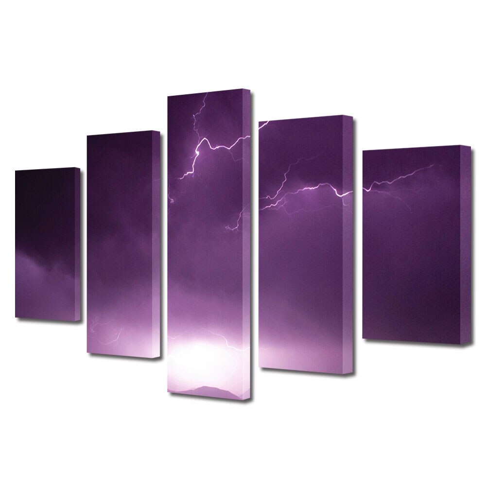 Set Tablouri Multicanvas, ArtDeco, Fulger violet, Panza pe cadru de lemn, Decoratiuni Moderne pentru Casa, 5 piese, 70 x 125 cm