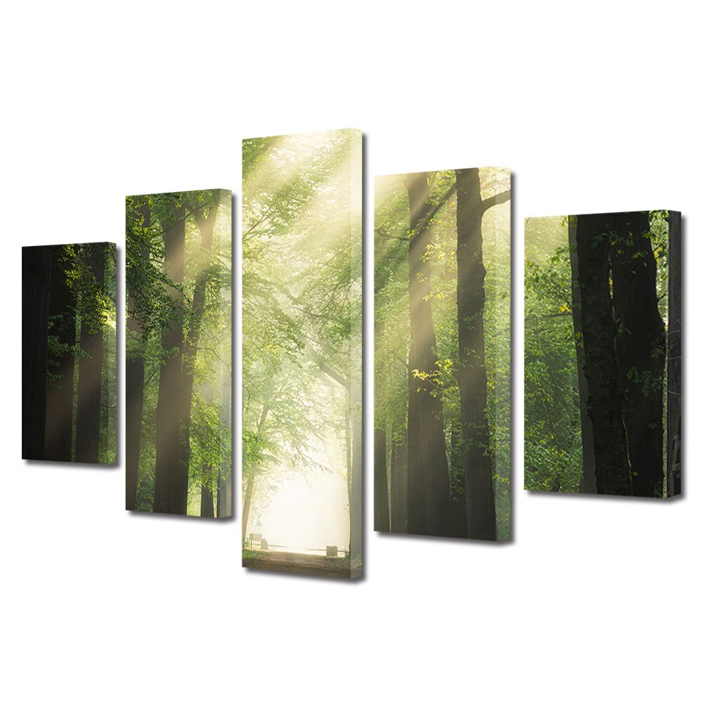 Set Tablouri Multicanvas, ArtDeco, Raze stralucind printre ramuri, Panza pe cadru de lemn, Decoratiuni Moderne pentru Casa, 5 piese, 80 x 150 cm