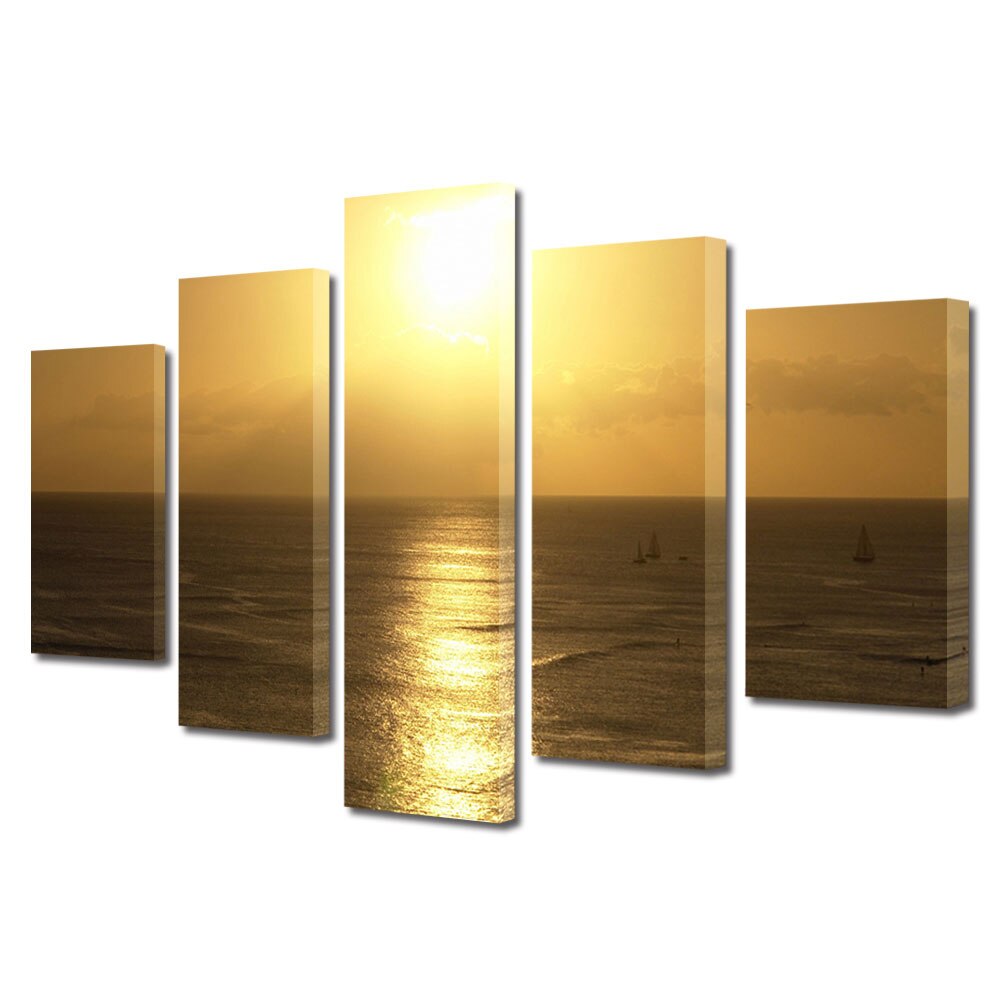 Set Tablouri Multicanvas, ArtDeco, Apus in Hawaii, Panza pe cadru de lemn, Decoratiuni Moderne pentru Casa, 5 piese, 70 x 125 cm