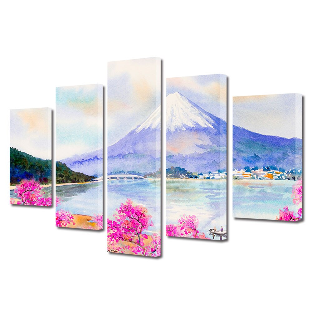 Set Tablouri Multicanvas, ArtDeco, Flori roz de cires, Panza pe cadru de lemn, Decoratiuni Moderne pentru Casa, 5 piese, 120 x 225 cm