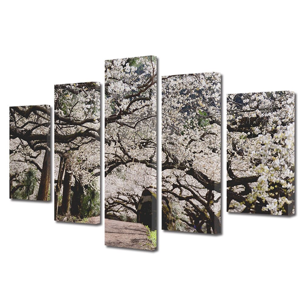 Set Tablouri Multicanvas, ArtDeco, Copaci infloriti primavara, Panza pe cadru de lemn, Decoratiuni Moderne pentru Casa, 5 piese, 60 x 100 cm