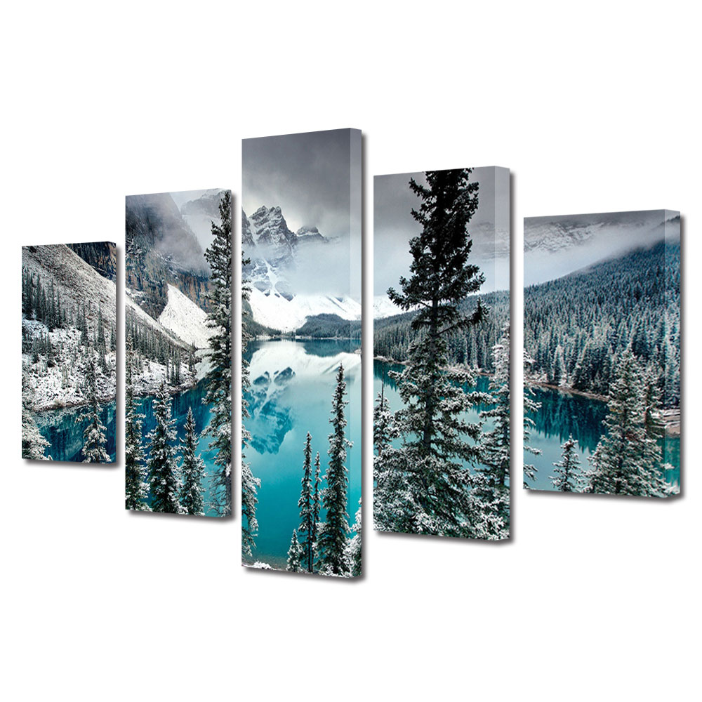 Set Tablouri Multicanvas, ArtDeco, Lac inghetat la munte, Panza pe cadru de lemn, Decoratiuni Moderne pentru Casa, 5 piese, 70 x 125 cm